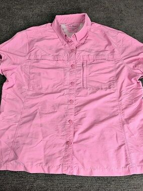 L.L.Bean Womens Pink Solid Collared Button Front Short Sleeve Shirt L Petite